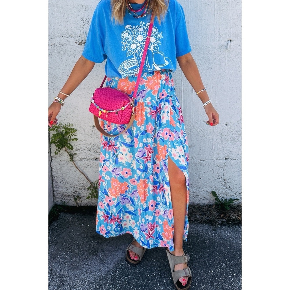 Blue Floral Printed High Waist Split Wrap Long Skirt